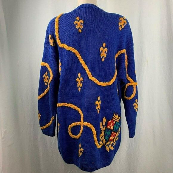 Vintage 80s Hand Knitted Cardigan Sweater M Blue Crest Shoulder Pads Embroidered - Picture 8 of 9